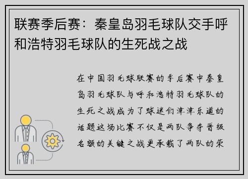 联赛季后赛：秦皇岛羽毛球队交手呼和浩特羽毛球队的生死战之战
